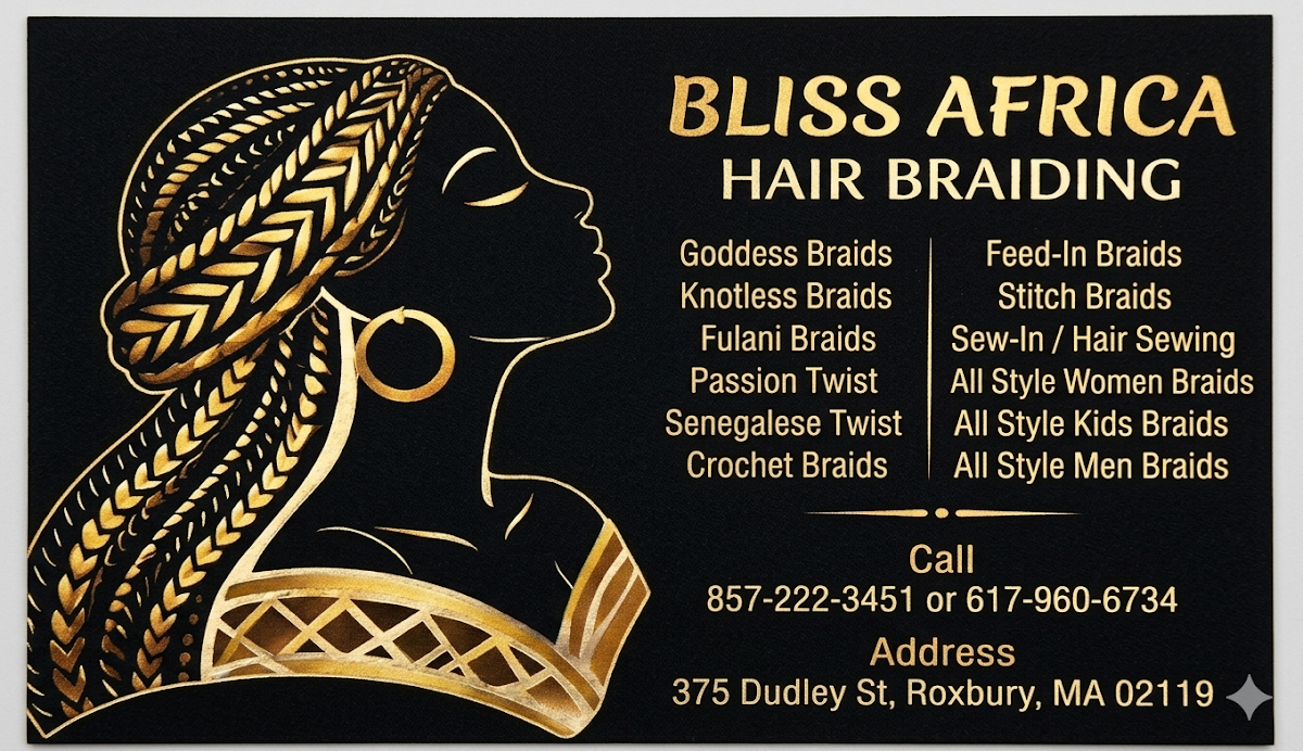Bliss Africa Hair Braiding business card featuring gold silhouette logo and service menu